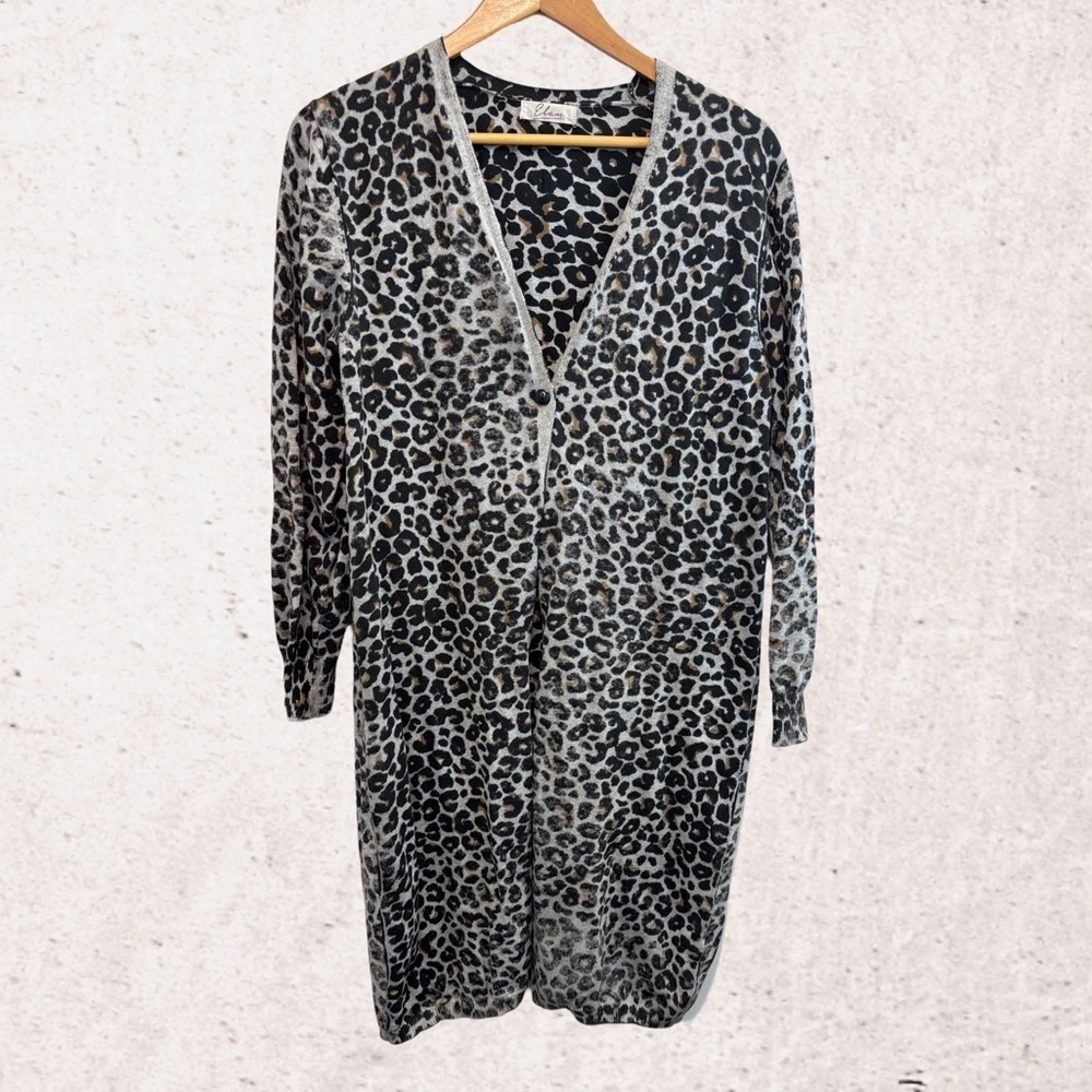 Elan Leopard Print Cardigan - Black and Gray